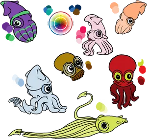 Colorful Cartoon Cuttlefish Collection PNG Image