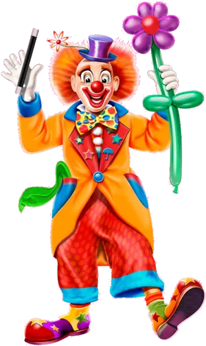 Colorful Clownwith Balloon Flowerand Magic Wand PNG Image