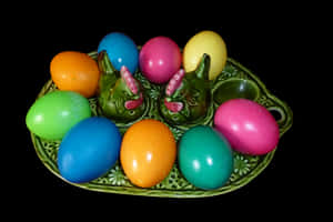Colorful Easter Eggson Ceramic Bunny Plate PNG image with transparent background
