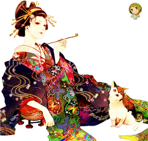 Colorful_ Geisha_with_ Cat_and_ Pipe PNG with transparent background