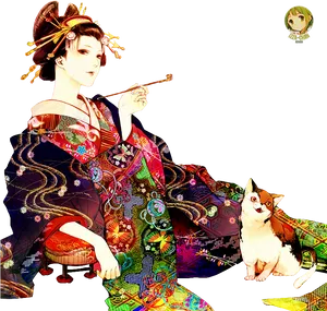 Colorful_ Geisha_with_ Cat_and_ Pipe PNG Image