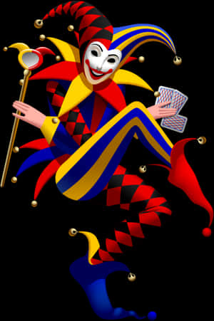 Colorful Jester Holding Cardsand Scepter PNG with transparent background