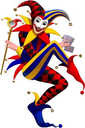 Colorful Jester Holding Cardsand Scepter PNG Image