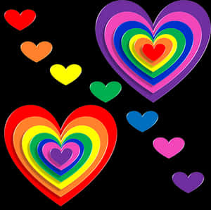 Colorful Layered Hearts Black Background PNG image with transparent background