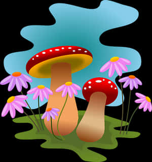 Colorful Mushroomsand Flowers Illustration PNG with transparent background