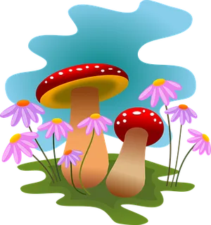 Colorful Mushroomsand Flowers Illustration PNG Image