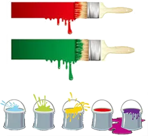 Colorful Paintbrushesand Paint Buckets PNG Image