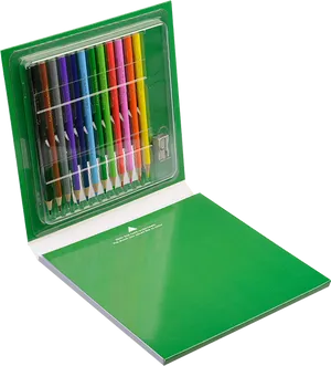 Colorful Pencil Setin Green Box PNG Image