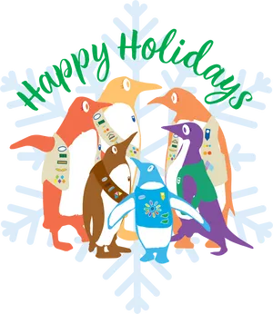 Colorful Penguins Happy Holidays Snowflake PNG Image