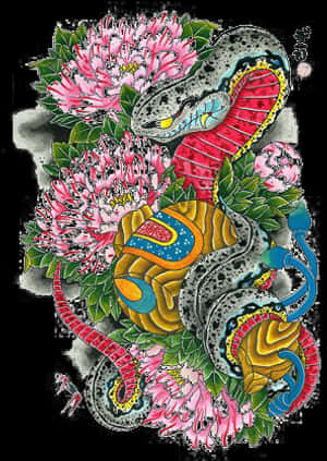 Colorful Snakeand Flowers Artwork PNG image with transparent background