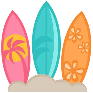 Colorful Surfboards Standing In Sand PNG Image