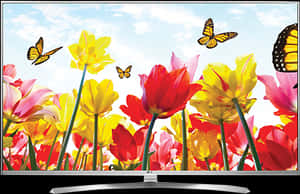 Colorful Tulipsand Butterflies4 K T V Display PNG image with transparent background