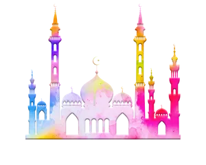 Colorful Watercolor Mosque Illustration PNG Image