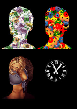 Conceptual Heads Representing Money Love Time PNG image with transparent background