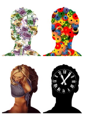 Conceptual Heads Representing Money Love Time PNG Image