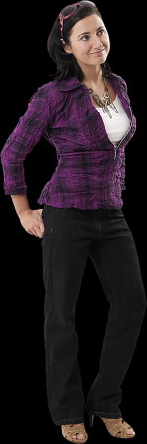 Confident Womanin Purple Jacket PNG image with transparent background