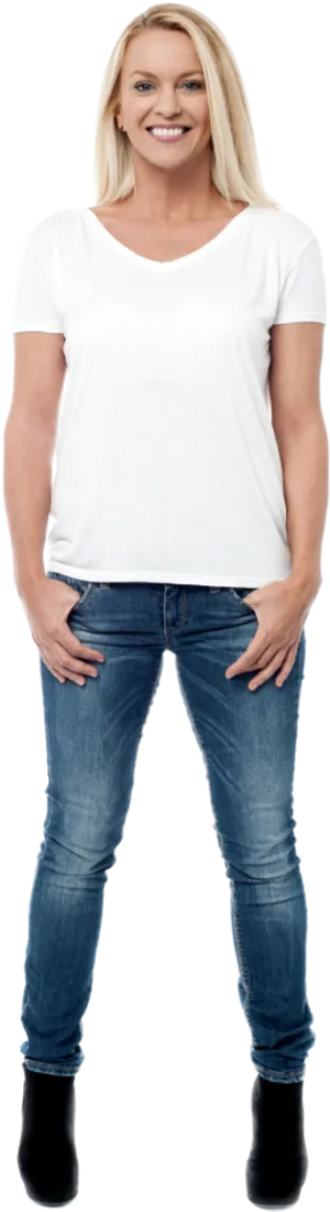 Confident Womanin White Shirtand Jeans PNG Image