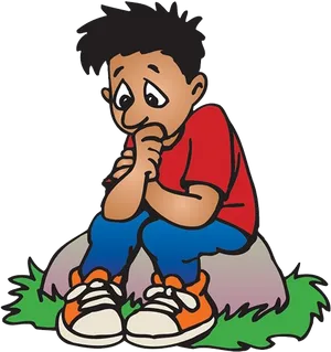 Contemplative Cartoon Boy PNG Image