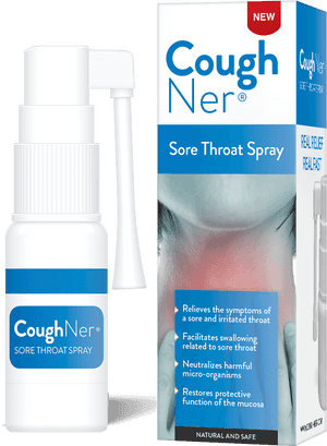 Cough Ner Sore Throat Spray Product Packaging PNG image with transparent background