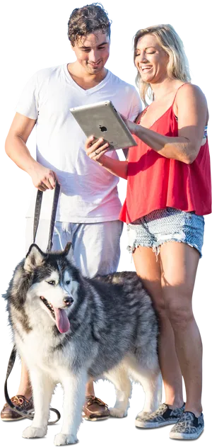 Coupleand Dog Walking With Tablet PNG Image