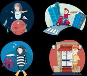 Creative Pizza Delivery Scenarios PNG image with transparent background