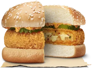 Crispy Chicken Burger Sesame Seed Bun PNG Image