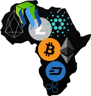 Cryptocurrency Symbols Over Africa Map PNG Image
