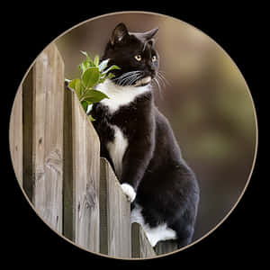Curious Blackand White Cat Peering Over Fence PNG image with transparent background