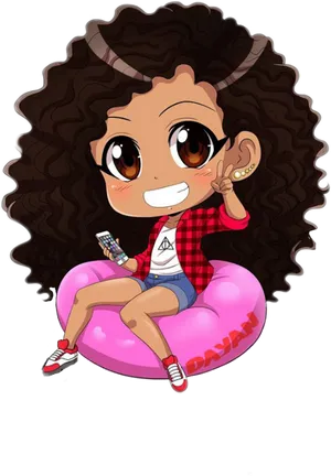 Curly Haired Anime Girlon Beanbag PNG Image