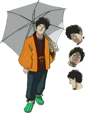 Curly Haired Character With Umbrella PNG Image