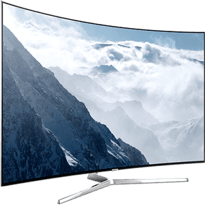 Curved L E D T V Displaying Mountain Scene PNG image with transparent background