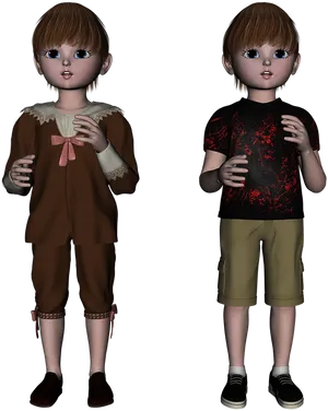 Cute Anime Boy Twins Different Outfits PNG Image