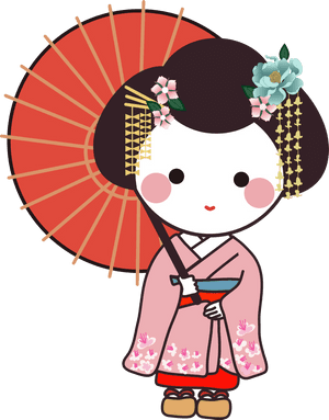 Cute Cartoon Geishawith Umbrella PNG image with transparent background