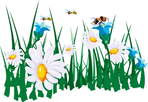 Daisiesand Bees Garden Illustration PNG Image