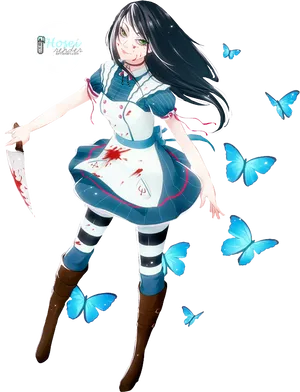 Dark Alicewith Butterfliesand Knife PNG Image