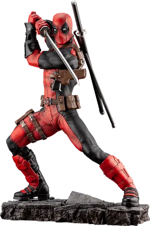 Deadpool Action Figure Posing With Swords PNG Image