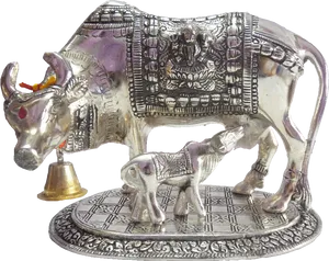 Decorative Silver Cowand Calf Statue PNG Image