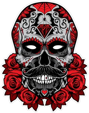 Decorative Skullwith Red Rosesand Patterns PNG Image