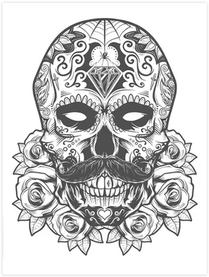 Decorative Skullwith Roses Tattoo Design PNG Image