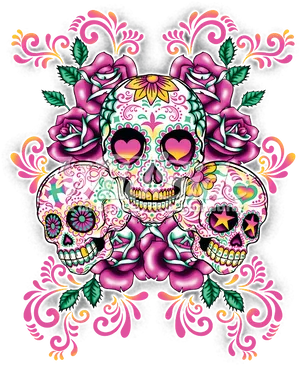 Decorative Sugar Skulls Floral Pattern PNG Image