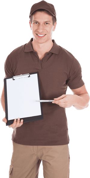 Delivery Man Presenting Clipboard PNG