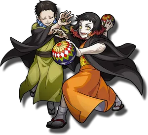 Demon Slayer Twins Manipulating Temari Balls PNG Image