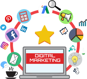 Digital Marketing Elements Around Laptop PNG with transparent background