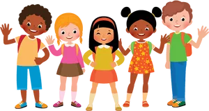 Diverse Groupof Cartoon Children Waving PNG Image