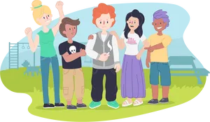 Diverse Groupof Cartoon Teens Outdoors PNG Image