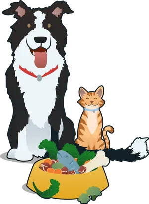 Dogand Cat Friends With Food Bowl PNG Image