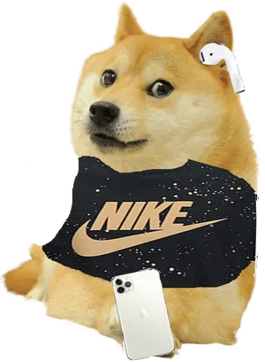 Doge In Nike Gear With Air Podsandi Phone.jpg PNG Image