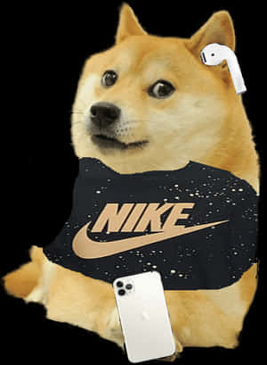 Doge In Nike Gear With Air Podsandi Phone.jpg PNG image with transparent background