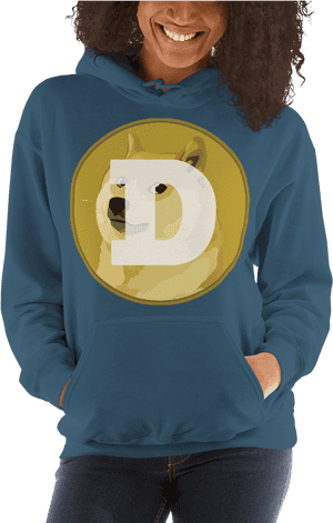 Dogecoin Logo Hoodie Wornby Woman PNG image with transparent background