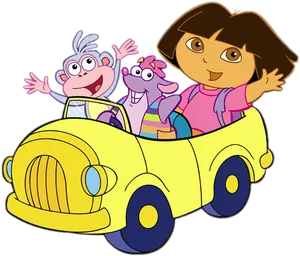 Doraand Friends Driving Cartoon PNG Image